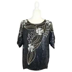 Joseph Le Bon vintage sequined beaded  sparkle short sleeve top women's size M